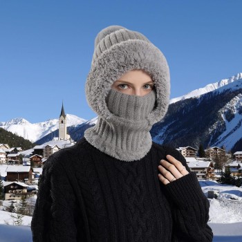 Women's Winter Beanie & Balaclava Set – Fleece-Lined Knit Ski Mask with Pompom & Faux Fur