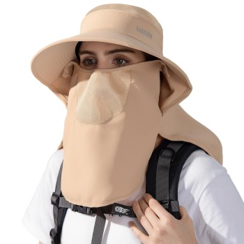Women's Wide Brim Sun Hat: UPF 50+ UV Protection with Detachable Face Mask & Ponytail Opening