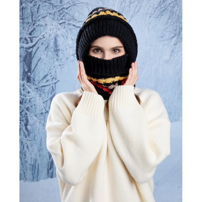 HUAMULAN 3-in-1 ski hat balaclava set black colorful stripe HUAMULAN women's winter fleece lined balaclava ski hat set black colorful stripe
