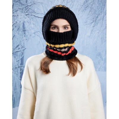 HUAMULAN 3-in-1 ski hat balaclava set black colorful stripe HUAMULAN women's winter fleece lined balaclava ski hat set black colorful stripe