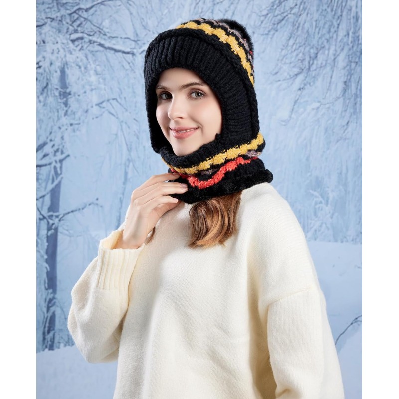 HUAMULAN 3-in-1 ski hat balaclava set black colorful stripe HUAMULAN women's winter fleece lined balaclava ski hat set black colorful stripe