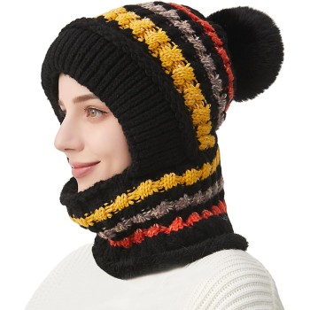 HUAMULAN Women's Winter Fleece Lined Balaclava Beanie 3-in-1 Ski Hat Mask Scarf Set Pom Pom Black Colorful Stripe