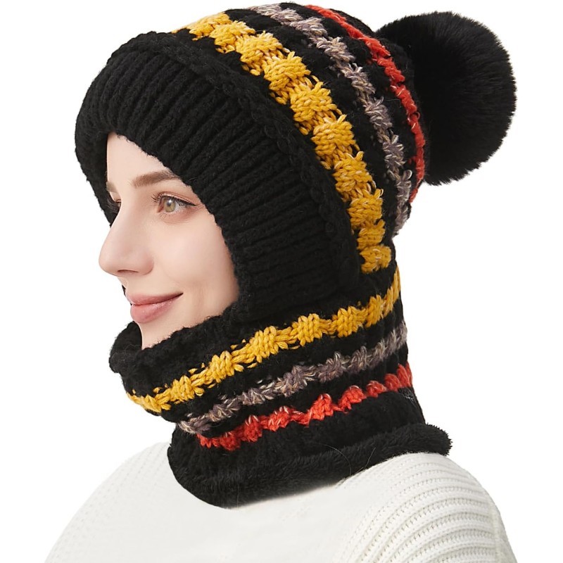 HUAMULAN 3-in-1 ski hat balaclava set black colorful stripe HUAMULAN women's winter fleece lined balaclava ski hat set black colorful stripe