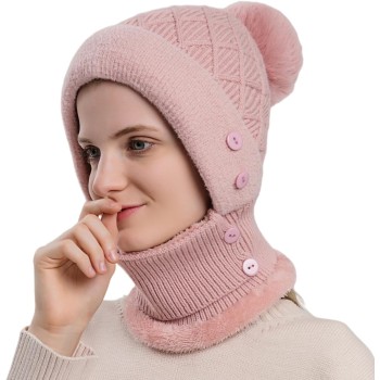 HUAMULAN Women’s Winter Fleece Lined One-Piece Balaclava Beanie Scarf Set Solid Pink Pompom Ski Hat
