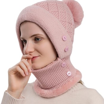 HUAMULAN Women’s Winter Fleece Lined One-Piece Balaclava Beanie Scarf Set Solid Pink Pompom Ski Hat