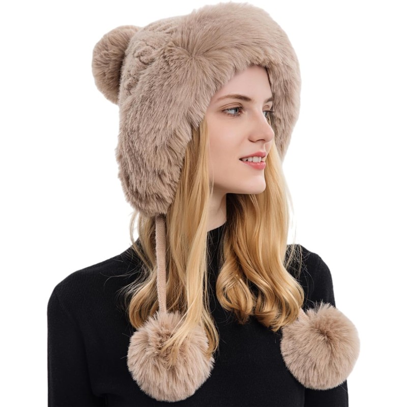 Khaki Women's Peruvian Ear Flap Beanie with 3 Pom Poms for Skiing