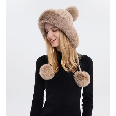 Khaki Women's Peruvian Ear Flap Beanie with 3 Pom Poms for Skiing