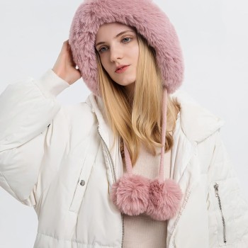 Women's Pink Winter Peruvian Beanie, Fleece Lined 3 Pom Pom Ear Flap Ski Hat, Ponytail Friendly