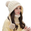 Women’s Winter Beanie & Scarf Set: Fleece Lined, Ponytail Friendly, Pom Pom, Beige Cold Weather