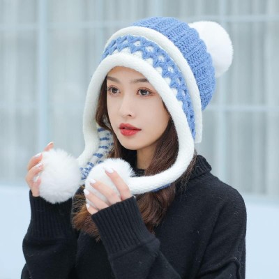 HUAMULAN Women's Fleece Lined Pom Pom Beanie Ski Hat HUAMULAN Women's Blue White Peruvian Winter Beanie with 3 Pom Poms and Earflaps