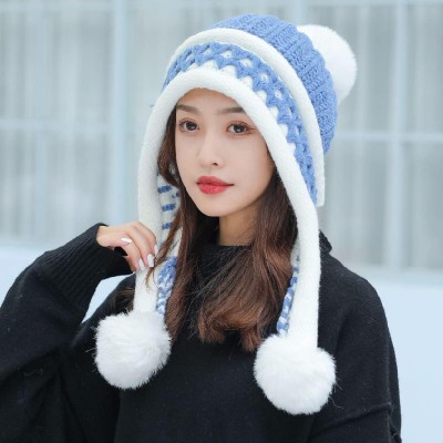 HUAMULAN Women's Fleece Lined Pom Pom Beanie Ski Hat HUAMULAN Women's Blue White Peruvian Winter Beanie with 3 Pom Poms and Earflaps