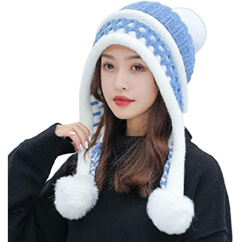 HUAMULAN Women's Fleece Lined Pom Pom Beanie Ski Hat HUAMULAN Women's Blue White Peruvian Winter Beanie with 3 Pom Poms and Earflaps