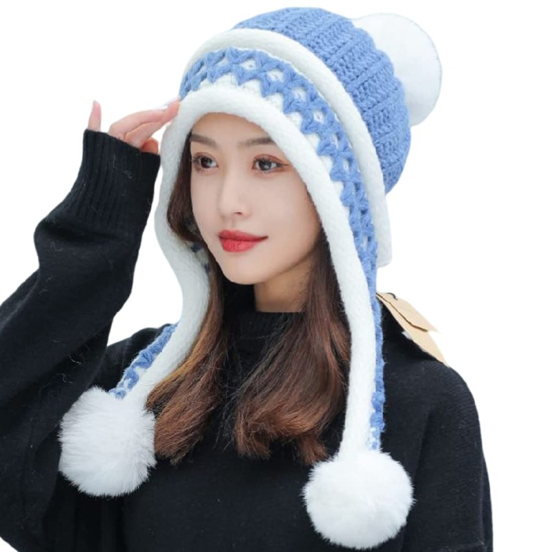 HUAMULAN Women's Fleece Lined Pom Pom Beanie Ski Hat HUAMULAN Women's Blue White Peruvian Winter Beanie with 3 Pom Poms and Earflaps