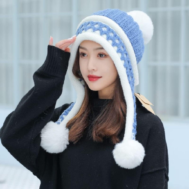 HUAMULAN Women's Fleece Lined Pom Pom Beanie Ski Hat HUAMULAN Women's Blue White Peruvian Winter Beanie with 3 Pom Poms and Earflaps