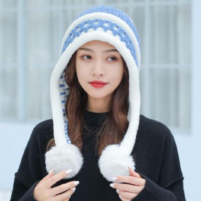 HUAMULAN Women's Fleece Lined Pom Pom Beanie Ski Hat HUAMULAN Women's Blue White Peruvian Winter Beanie with 3 Pom Poms and Earflaps
