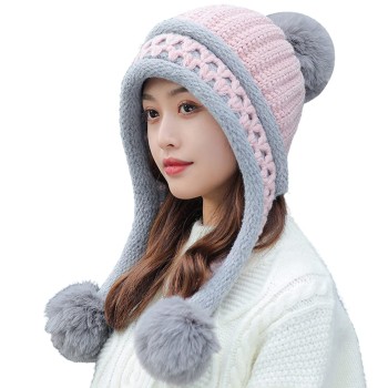HUAMULAN Women's Peruvian Winter Fleece Lined Beanie Earflap 3 Pom Poms Ponytail Ski Hat Pink Grey