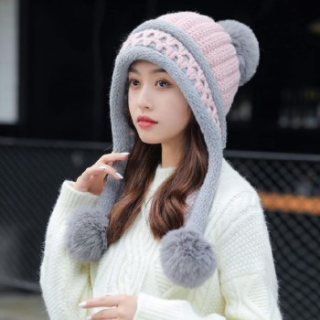 HUAMULAN Women's Peruvian Winter Fleece Lined Beanie Earflap 3 Pom Poms Ponytail Ski Hat Pink Grey HUAMULAN Women's Peruvian Winter Fleece Lined Beanie Earflap 3 Pom Poms Ponytail Ski Hat Pink Grey