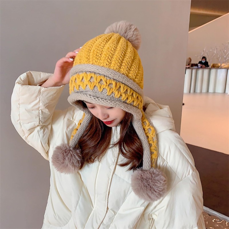 HUAMULAN Women's Yellow Winter Knit Beanie with Earflaps and 3 Pom Poms