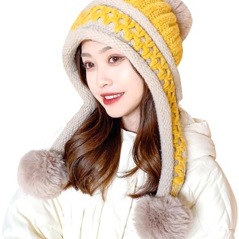 HUAMULAN Women's Winter Warm Knit Fleece Lined Earflap Beanie 3 Pom Poms Ponytail Yellow One Size