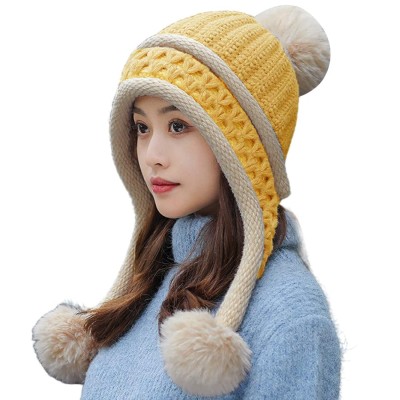 HUAMULAN Women's Yellow Winter Knit Beanie with Earflaps and 3 Pom Poms