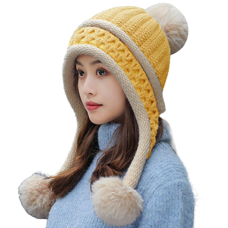 HUAMULAN Women's Yellow Winter Knit Beanie with Earflaps and 3 Pom Poms