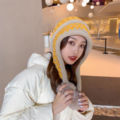 HUAMULAN Women's Yellow Winter Knit Beanie with Earflaps and 3 Pom Poms