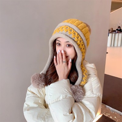 HUAMULAN Women's Yellow Winter Knit Beanie with Earflaps and 3 Pom Poms