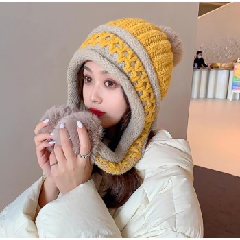 HUAMULAN Women's Winter Warm Knit Fleece Lined Earflap Beanie 3 Pom Poms Ponytail Yellow One Size