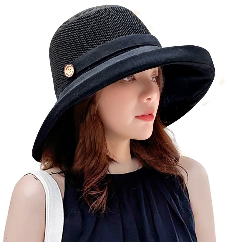 Women's wide brim sun hat with mesh crown, UV protection, shapable wired edge
