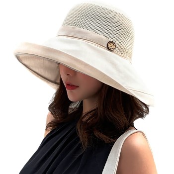 Women’s Wide Brim Sun Hat with Mesh Crown, Wired Edge & Chin Strap for UV Protection