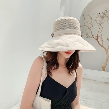 Women’s Wide Brim Sun Hat with Mesh Crown, Wired Edge & Chin Strap for UV Protection