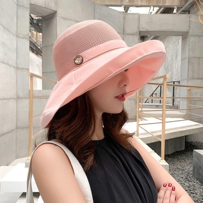 Women's wide brim sun hat with UV protection, mesh wired edge, and chin strap for beach and fishing