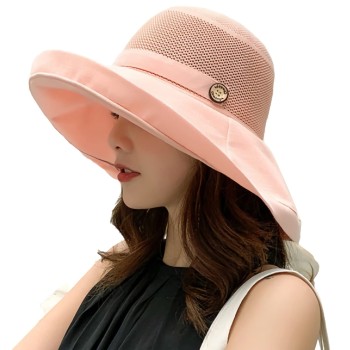 Women's Wide Brim Sun Hat: UV Protection Mesh Wired Edge Adjustable Summer Beach Fishing Hat with Chin Strap