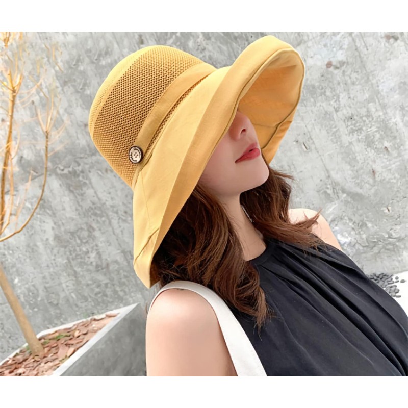 Women's wide brim sun hat with UV protection and chin strap for beach, hiking, fishing
