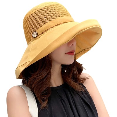 Women's wide brim sun hat with UV protection and chin strap for beach, hiking, fishing