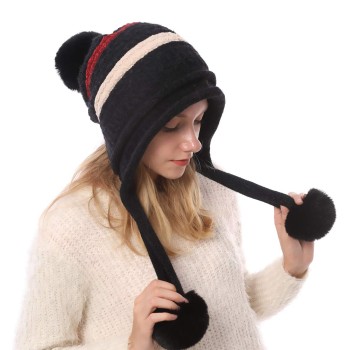 Women’s Winter Peruvian Knit Beanie – Ear Flaps, 3 Pom Poms, Fleece Lined, Ponytail Friendly, One Size Black