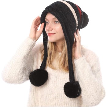 Women’s Winter Peruvian Knit Beanie – Ear Flaps, 3 Pom Poms, Fleece Lined, Ponytail Friendly, One Size Black