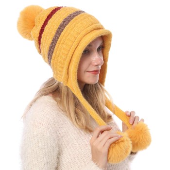 Women's Winter Peruvian Beanie Hat: Ear Flaps, 3 Pom Poms, Fleece Lined, Ponytail Friendly, Yellow