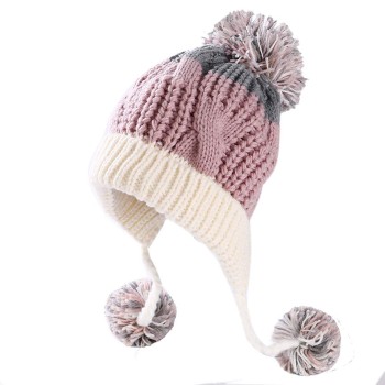 Women's Winter Peruvian 3 Pom Pom Knit Ear Flap Beanie Fleece Lined Ski Ponytail Hat Pink White
