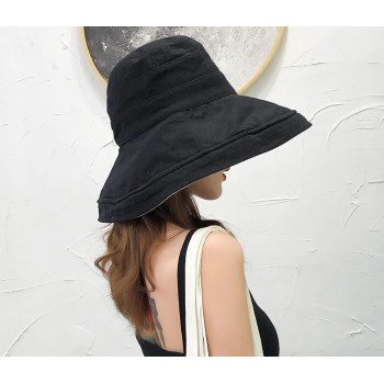 Women's Wide Brim Sun Hat UV Protection One Size Reversible Metal Wired Edge Windproof Chin Strap Summer Beach Hiking Lant001-black