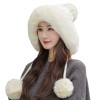 Women’s Winter Peruvian Beanie Ear Flaps 3 Pom Poms Fleece Lined Ponytail Ski Snow Hat One Size