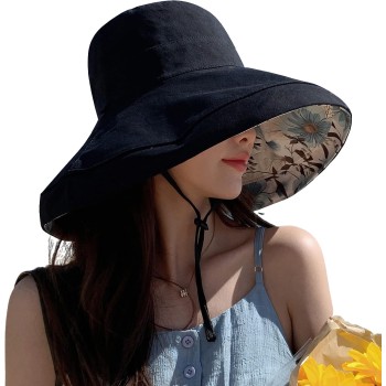 HUAMULAN Women’s Wide Brim Reversible Bucket Hat UV Protection Foldable Summer Beach Travel Sun Hat Black