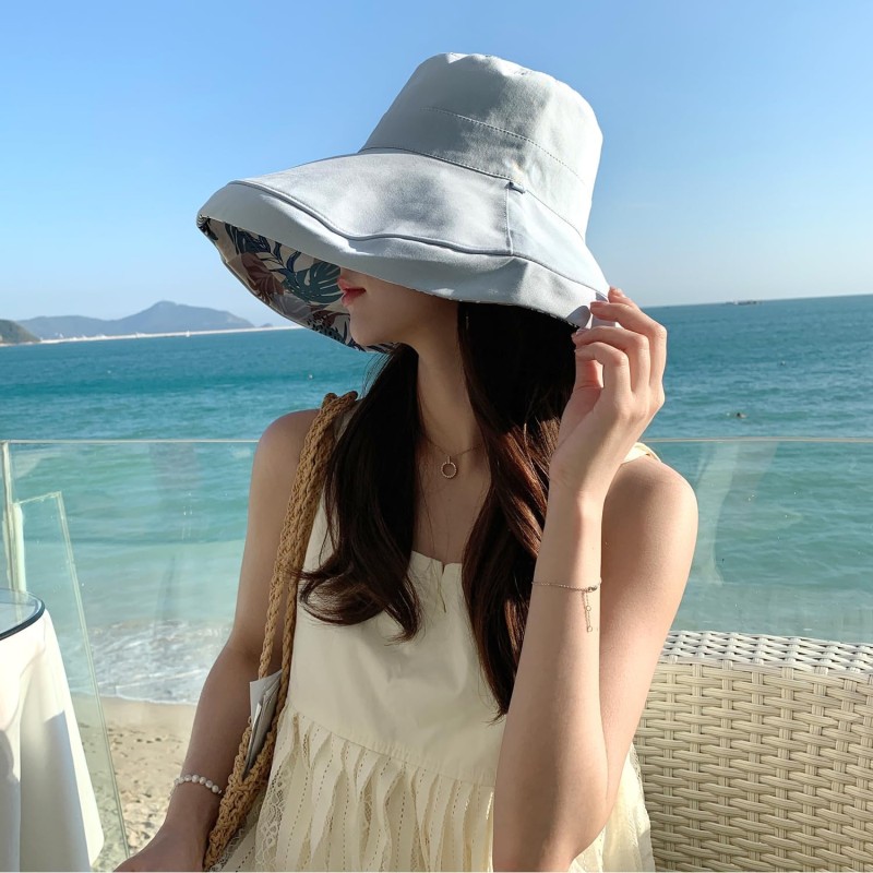 Blue Wide Brim Sun Hat with UV Protection HUAMULAN women's blue wide brim sun hat with wired edge and reversible design