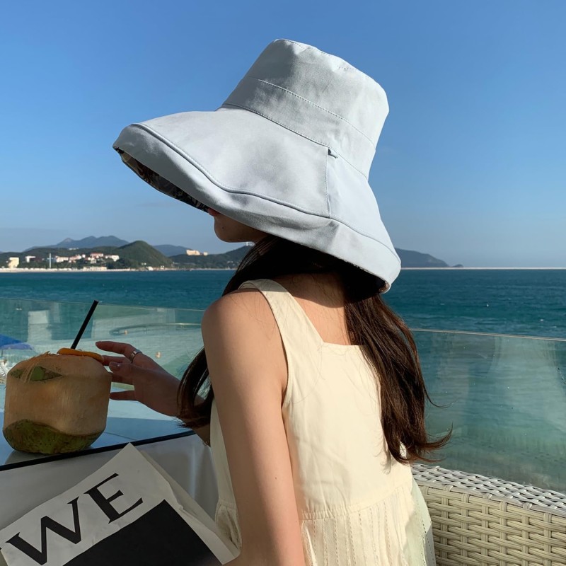 Blue Wide Brim Sun Hat with UV Protection HUAMULAN women's blue wide brim sun hat with wired edge and reversible design