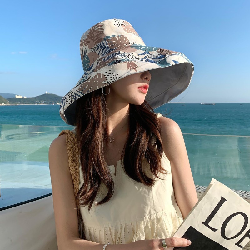Blue Wide Brim Sun Hat with UV Protection HUAMULAN women's blue wide brim sun hat with wired edge and reversible design