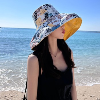 HUAMULAN Women Wide Brim Wired Edge Reversible Sun Hat UV Protection Foldable Beach Travel Hat Yellow
