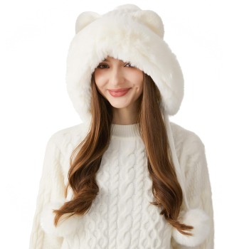 HUAMULAN Women's Winter Sherpa Beanie, Fleece Lined Ear Flap Hat, Ponytail Friendly, Cream White, One Size