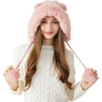 Women's Winter Sherpa Lined Beanie Hat Ear Flaps Ponytail Friendly Pink Ski Travel One Size
