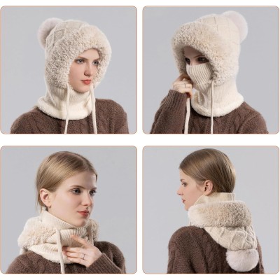 HUAMULAN Women's 3-in-1 Beige Knit Balaclava Ski Hat Set HUAMULAN Women's Winter Balaclava: Beige Knit Ski Hat with Earmuff Face Mask