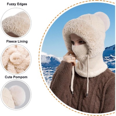 HUAMULAN Women's 3-in-1 Beige Knit Balaclava Ski Hat Set HUAMULAN Women's Winter Balaclava: Beige Knit Ski Hat with Earmuff Face Mask